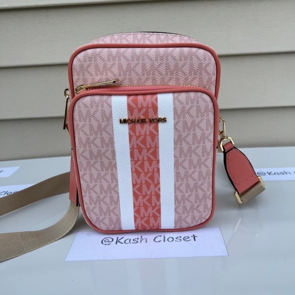 Michael Kors Crossbody Jet Set Travel Medium Stripe MK Signature Sherbert Multi - Picture 1 of 11